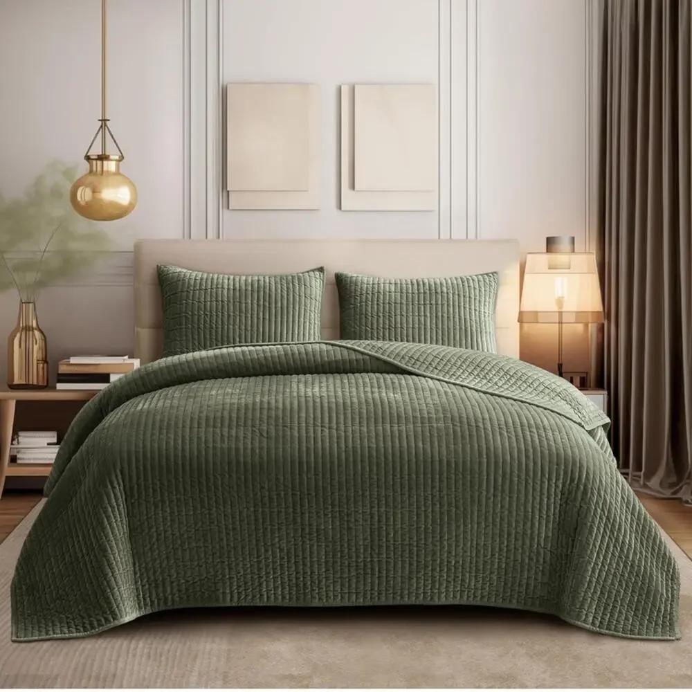 🆕 Luxury Velvet Quilt Coverlet Set Olive Green King Hotel Bedding NEW NWT